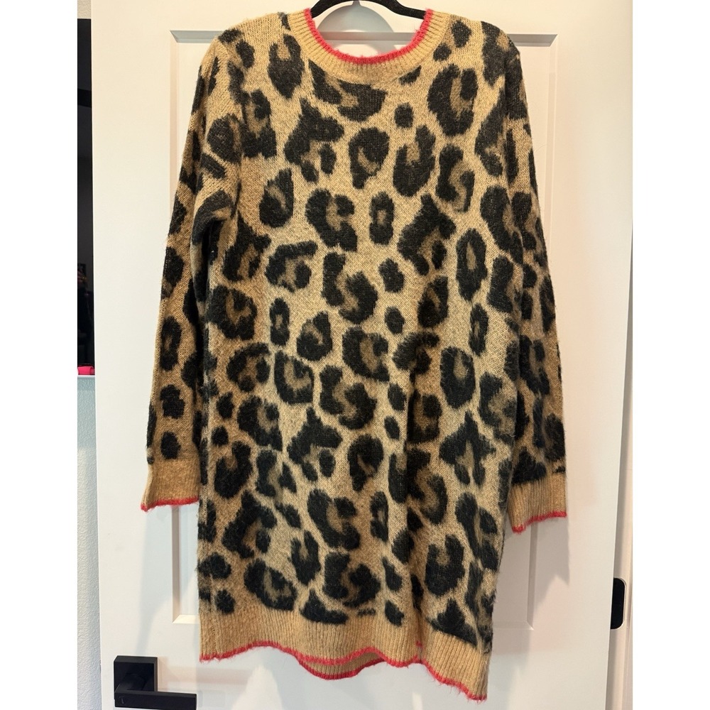 Y2K Maximalist Lily White Leopard Sweater Dress Tunic Women's L Red Trim